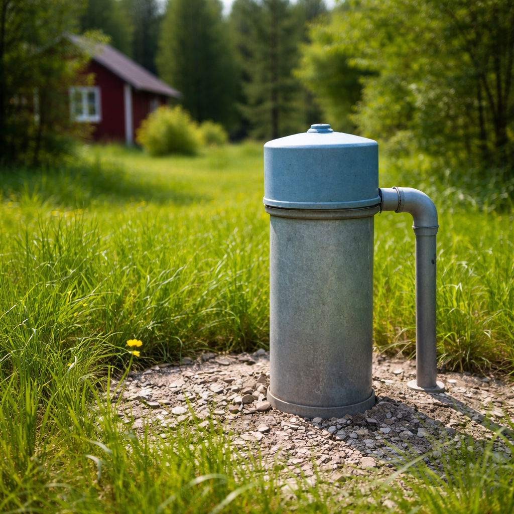 Vattenbrunn i trädgård för dricksvatten från egen brunn